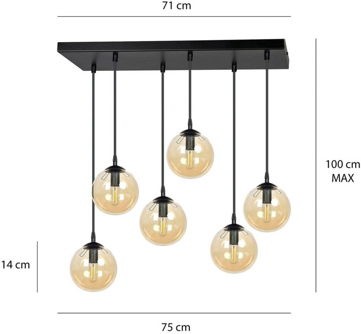 Glassy hanging lamp 6-bulb black amber glass 75 cm Lámparas