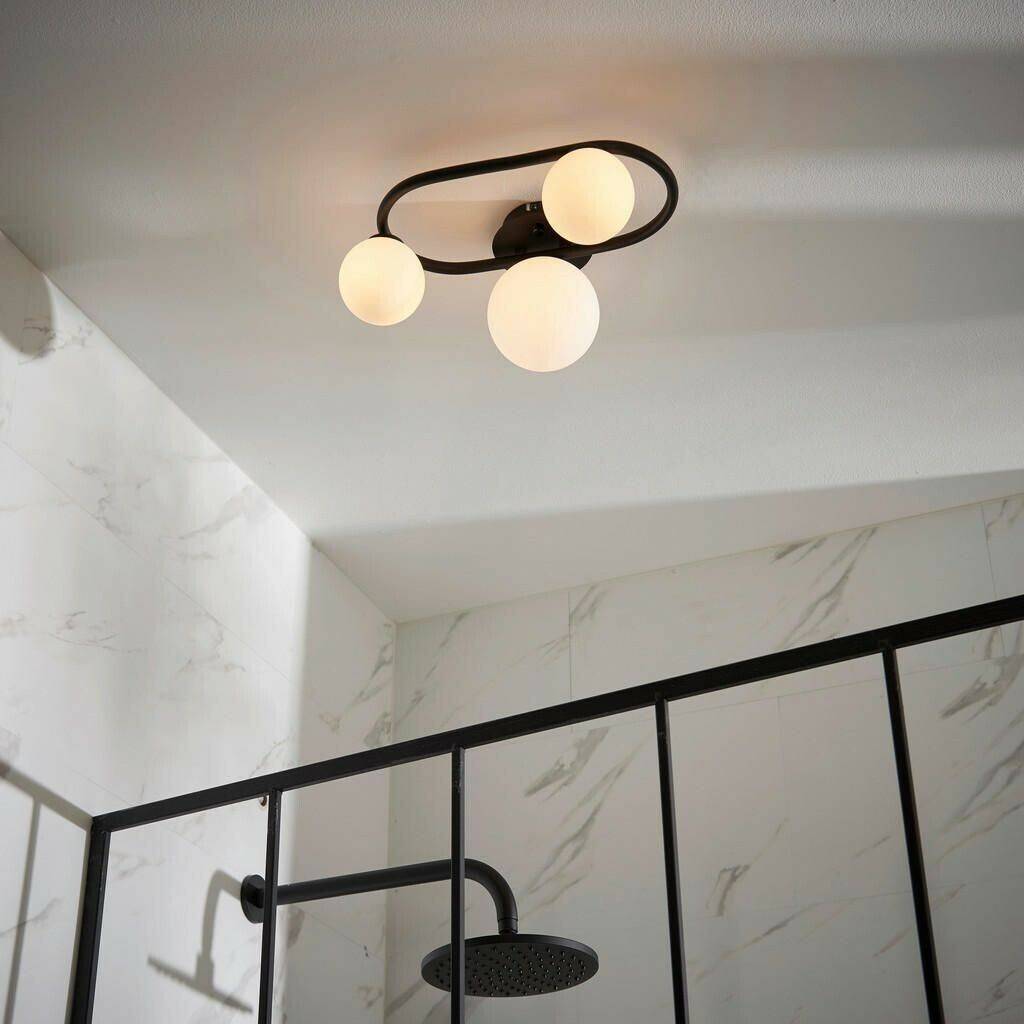 Endon Pulsa Bathroom Globe Semi Flush 3 Lamp Ceiling Light Matt Black, IP44 Lámparas