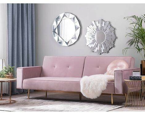 Beliani Velvet Sofa Bed Pink VISNES Sofás