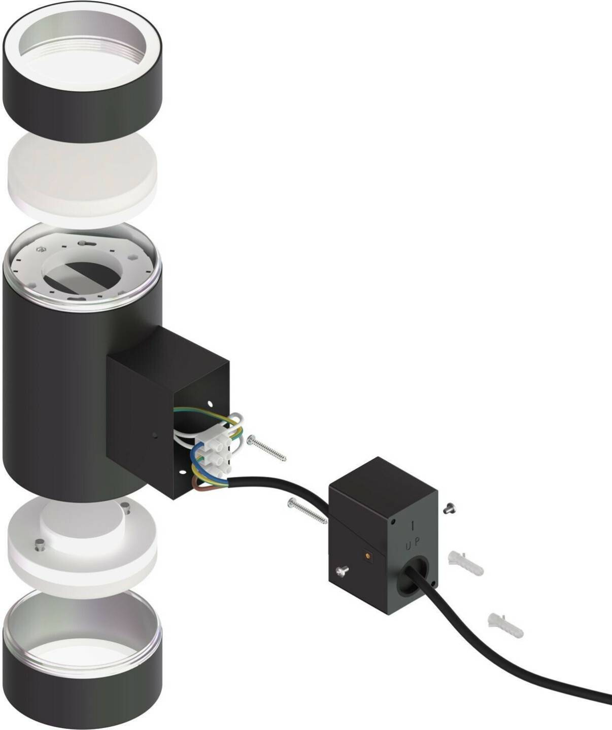 Lámparas de exterior ledscom.de BIDO wall light for outdoor use, IP44, up- & downlight, matt black, round, 2x GX53 max. 60W