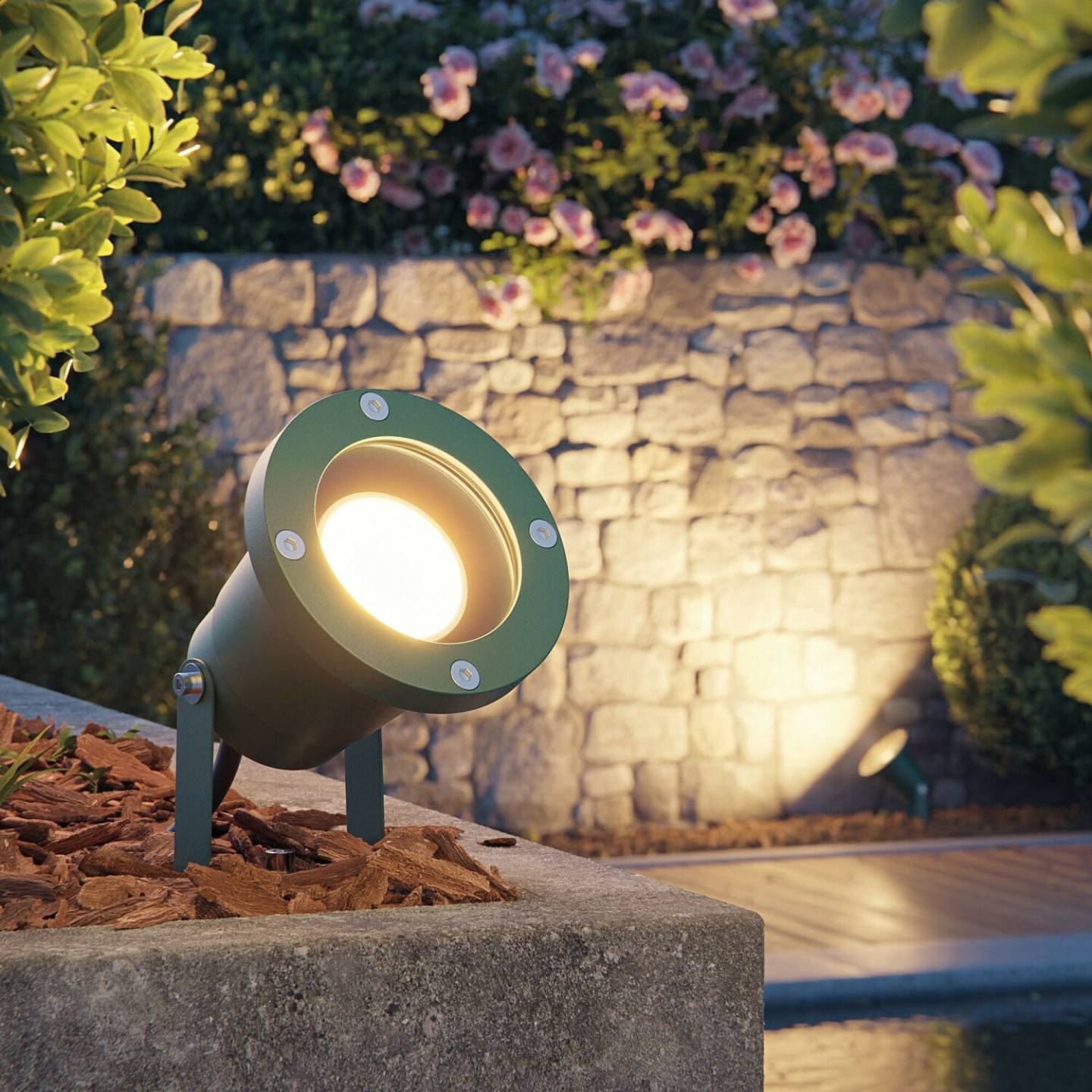 ledscom.de DUK garden spotlight for outdoor use, IP65, plug, green, incl. GU10 LED 450lm warm white Lámparas de exterior