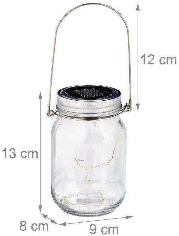 Lámparas de exterior Relaxdays Solar glass set of 3, 8 LEDs each in a mason jar with handle, H x D: 13 x 8 cm, with twilight sensor, transparent, iron