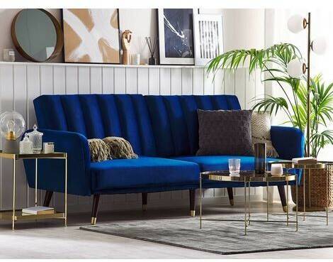 Beliani Velvet Sofa Bed Navy Blue VIMMERBY Sofás