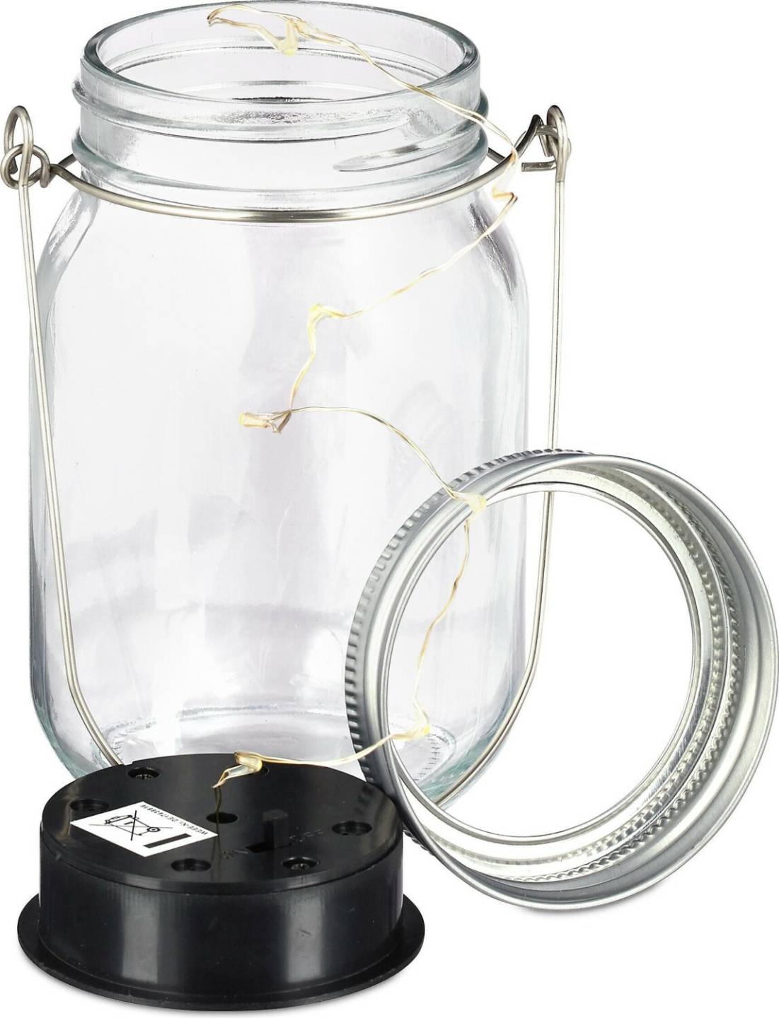 Lámparas de exterior Relaxdays Solar glass set of 3, 8 LEDs each in a mason jar with handle, H x D: 13 x 8 cm, with twilight sensor, transparent, iron